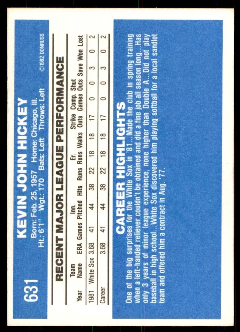1982 Donruss Baseball Card Kevin Hickey Rookie Chicago White Sox #631