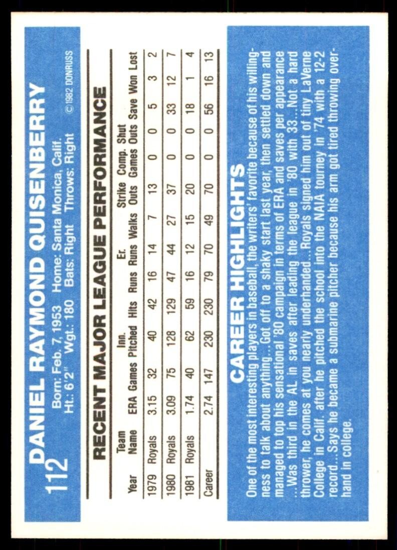 1982 Donruss Baseball Card Dan Quisenberry Kansas City Royals #112