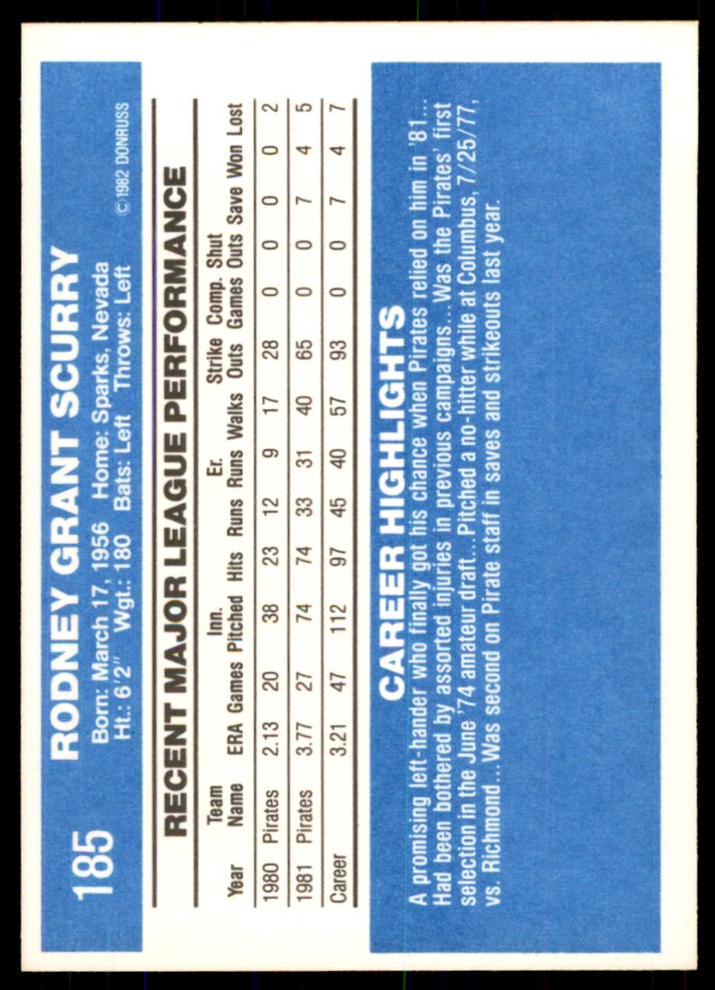 1982 Donruss Baseball Card Rod Scurry A Pittsburgh Pirates #185
