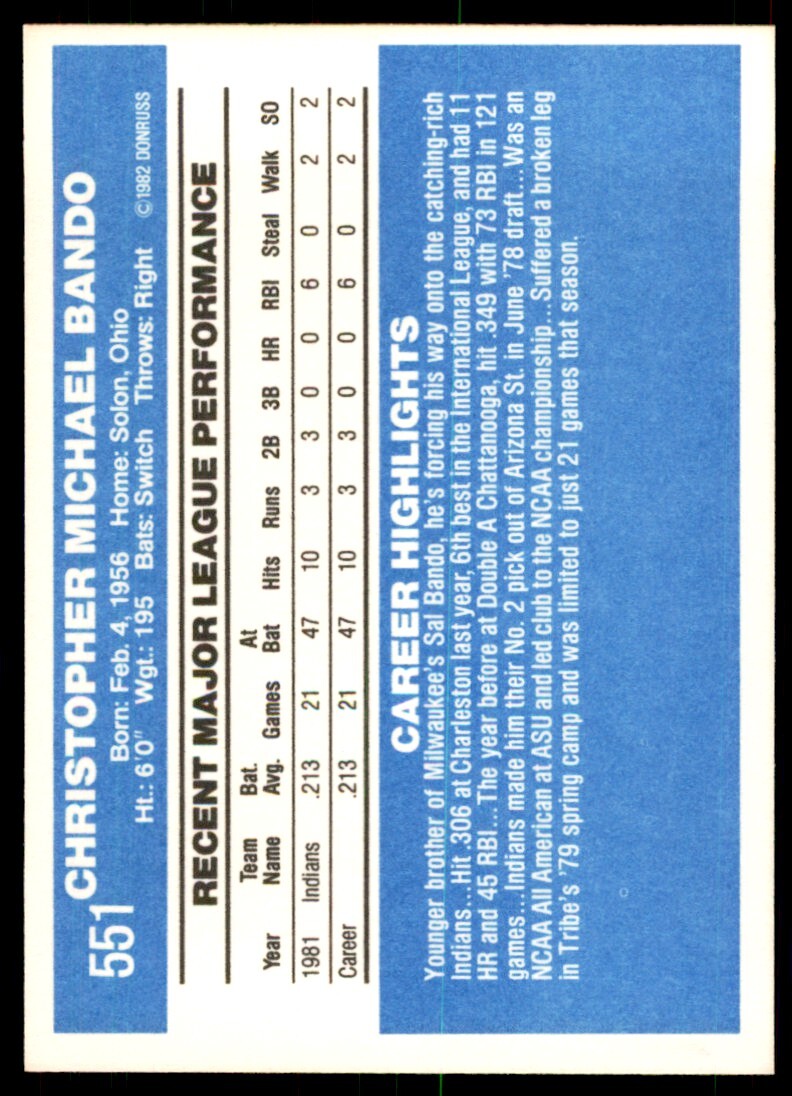 1982 Donruss Baseball Card Chris Bando A Cleveland Indians #551