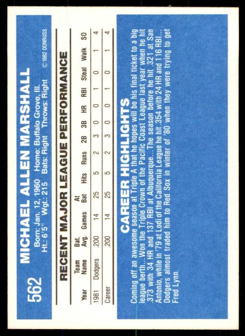 1982 Donruss Baseball Card Mike Marshall Rookie AA Los Angeles Dodgers #562