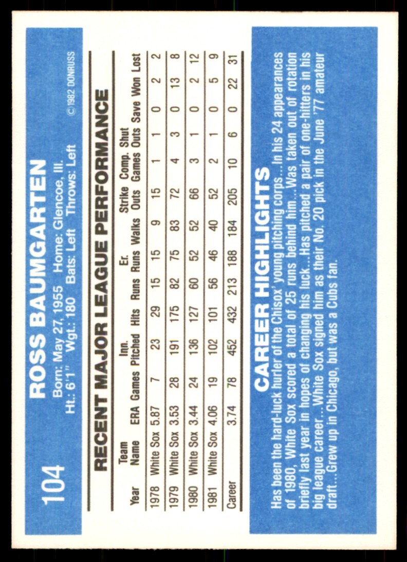1982 Donruss Baseball Card Ross Baumgarten AA Chicago White Sox #104