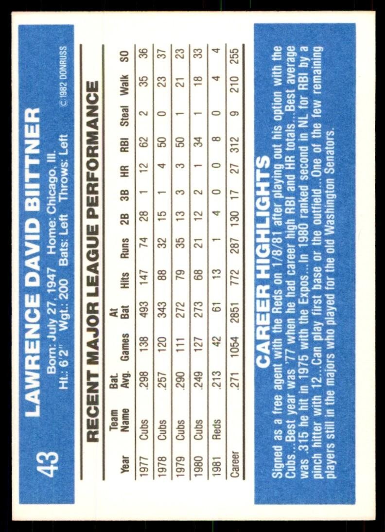 1982 Donruss Baseball Card Larry Biittner AA Cincinnati Reds #43