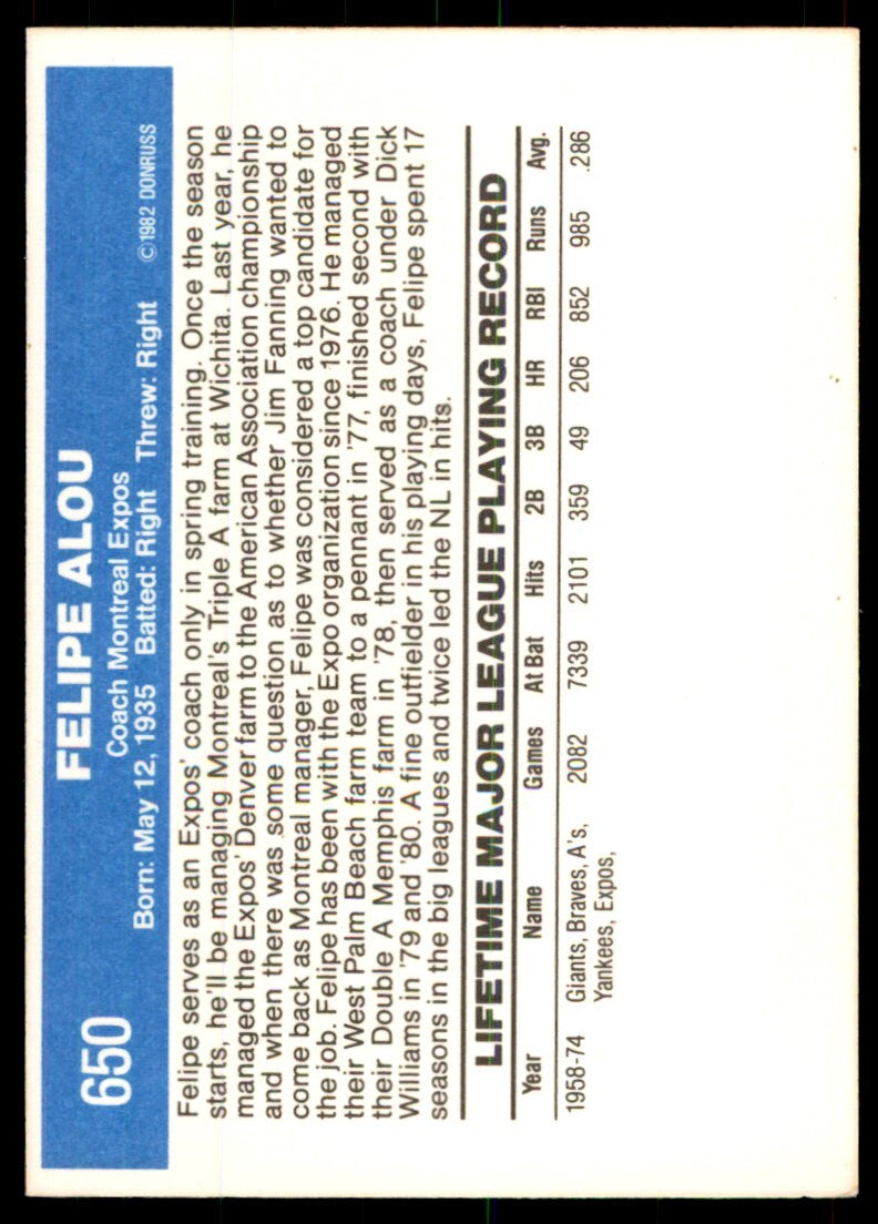 1982 Donruss Baseball Card Felipe Alou Montreal Expos #650