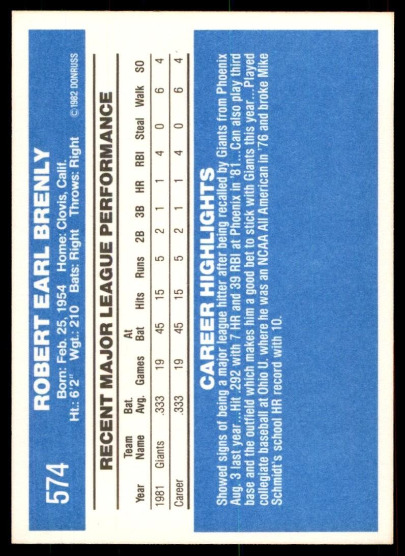 1982 Donruss Baseball Card Bob Brenly Rookie San Francisco Giants #574