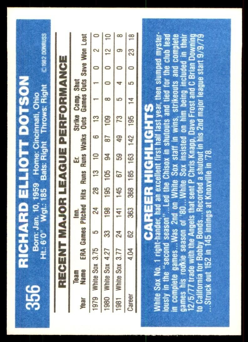 1982 Donruss Baseball Card Richard Dotson BB Chicago White Sox #356
