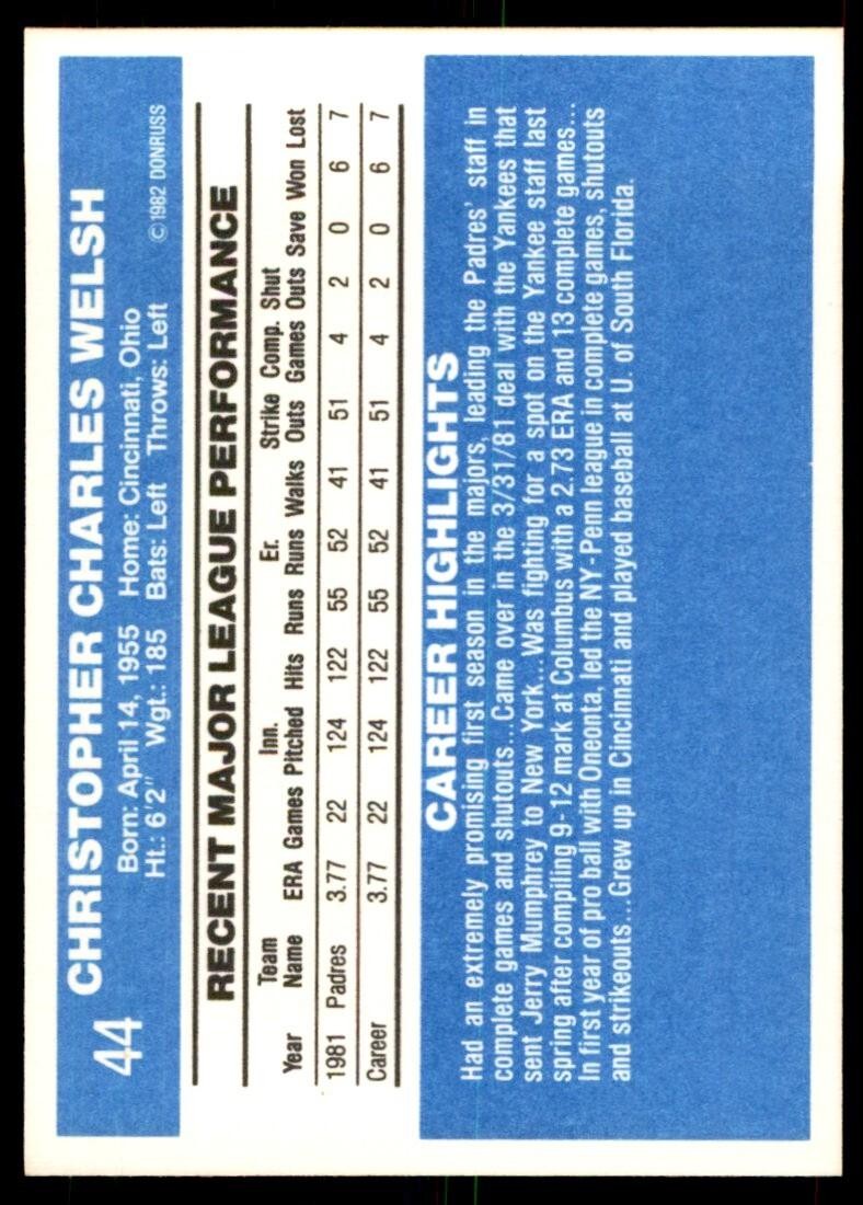 1982 Donruss Baseball Card Chris Welsh Rookie AA San Diego Padres #44