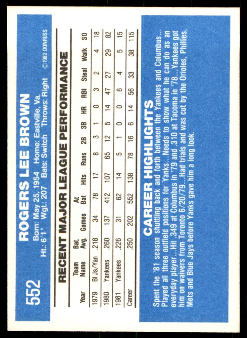 1982 Donruss Baseball Card Bobby Brown G New York Yankees #552