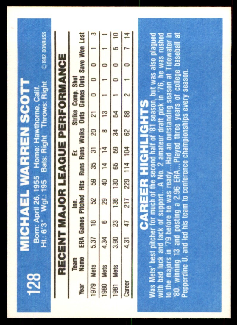 1982 Donruss Baseball Card Mike Scott G New York Mets #128