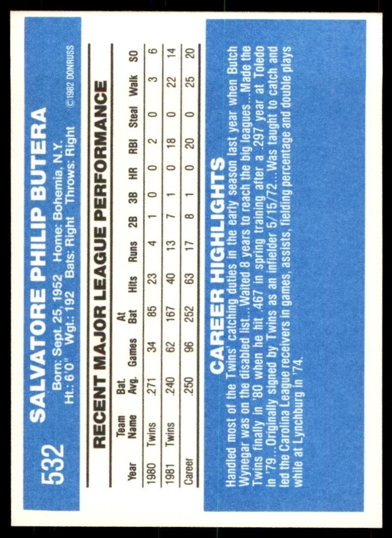 1982 Donruss Baseball Card Sal Butera Minnesota Twins #532