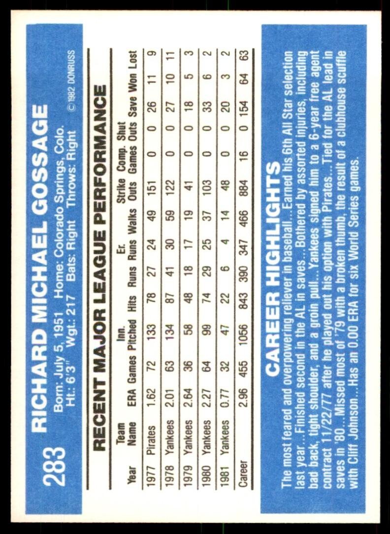 1982 Donruss Baseball Card Rich Gossage L New York Yankees #283