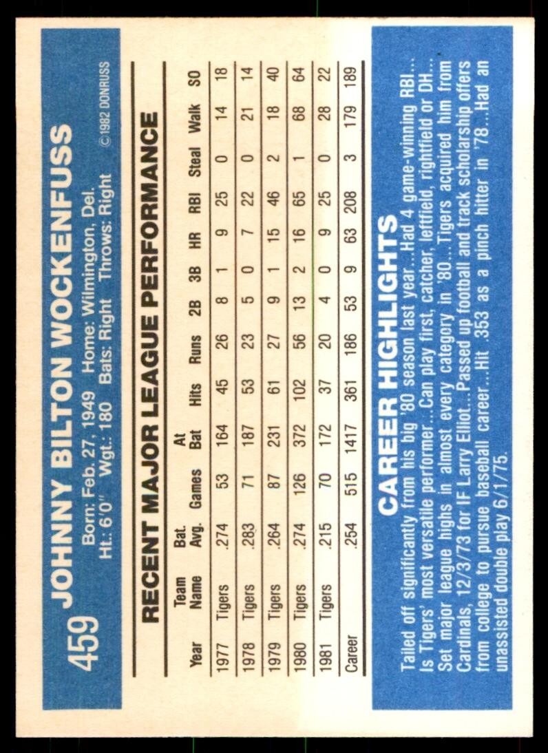 1982 Donruss Baseball Card John Wockenfuss Detroit Tigers #459