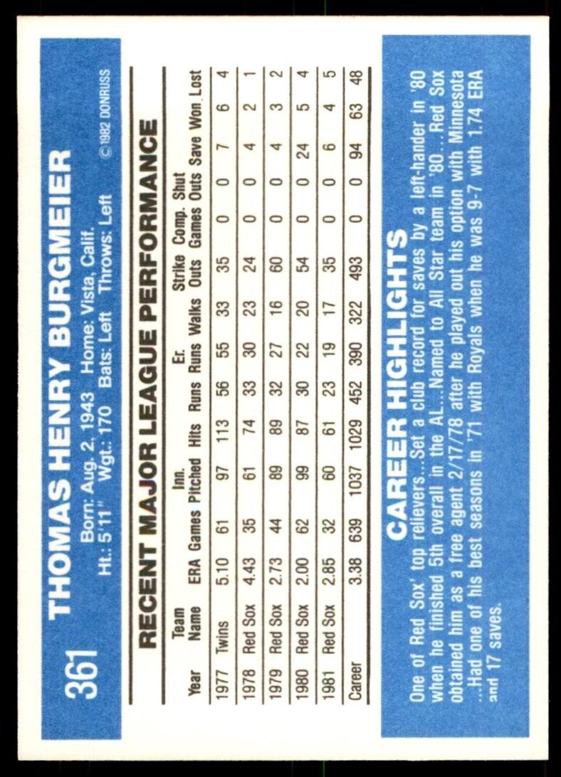 1982 Donruss Baseball Card Tom Burgmeier L Boston Red Sox #361