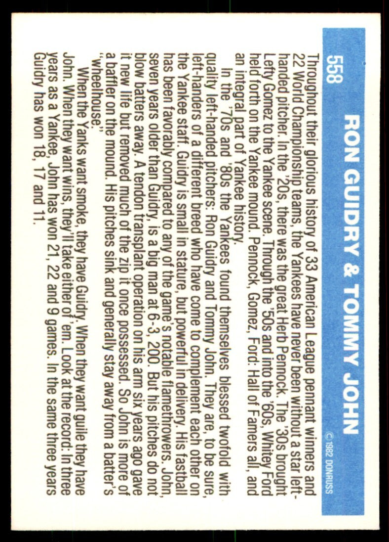 1982 Donruss Baseball Card Ron Guidry/Tommy John L New York Yankees #558