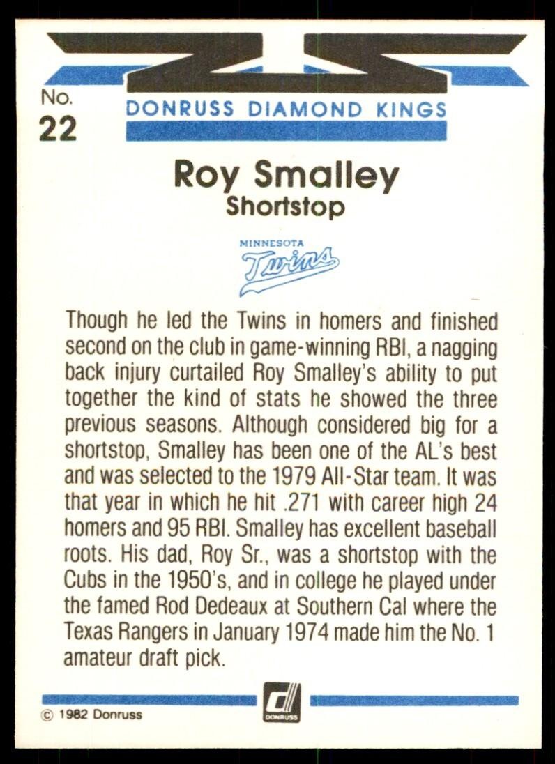 1982 Donruss Baseball Card Roy Smalley M Minnesota Twins #22