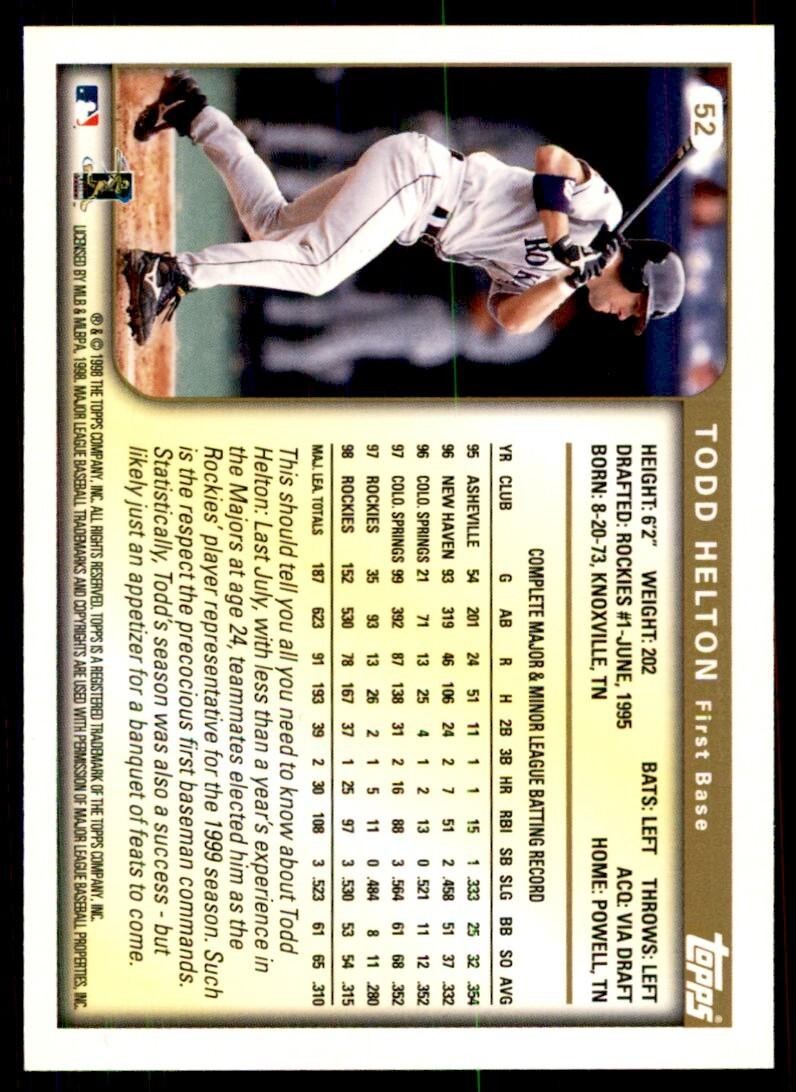 1999 Topps Todd Helton Baseball Card Colorado Rockies #52