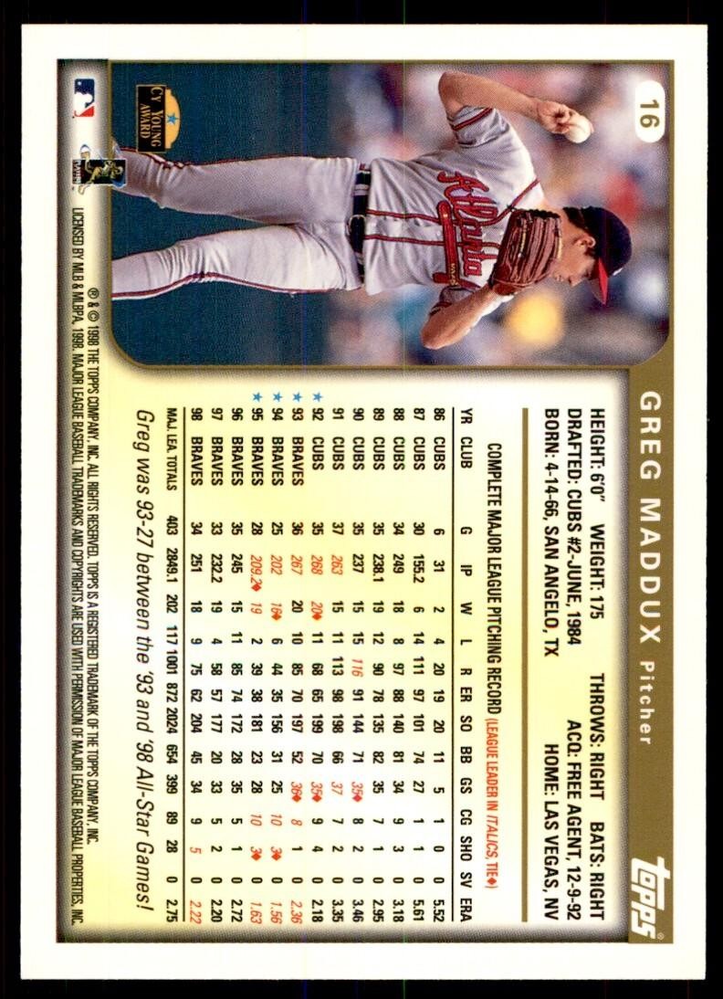 1999 Topps Greg Maddux Baseball Card Atlanta Braves #16