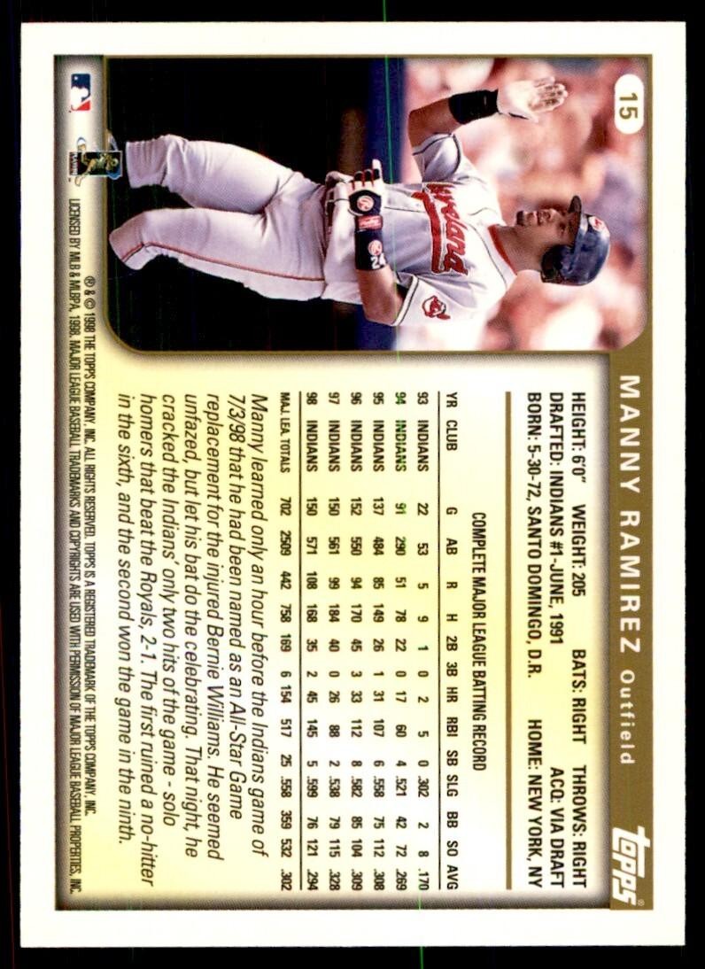 1999 Topps Manny Ramirez Baseball Card A Cleveland Indians #15