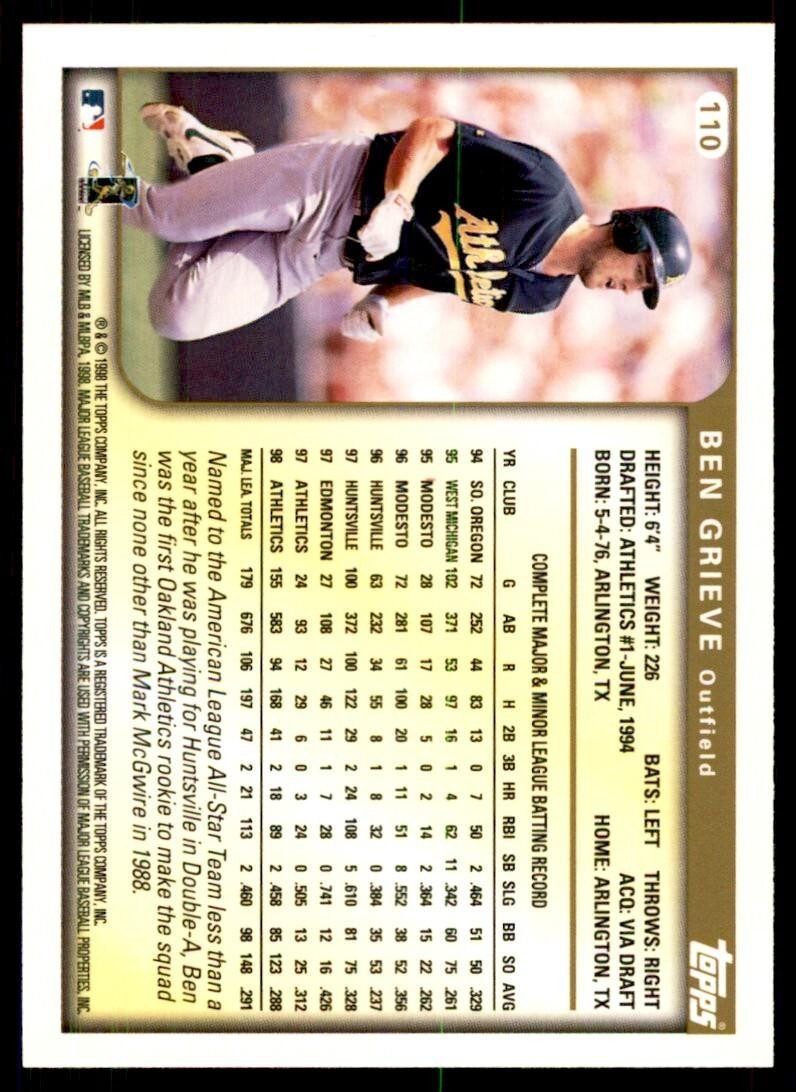 1999 Topps Baseball Card Ben Grieve A Oakland Athletics #110