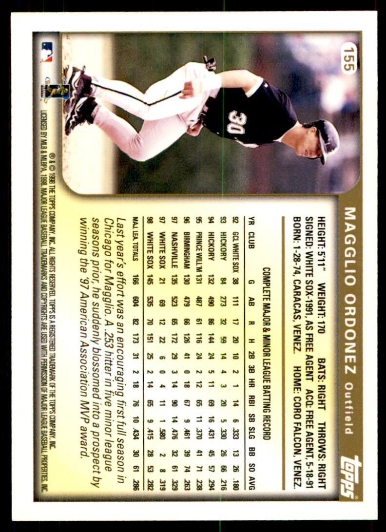 1999 Topps Baseball Card Magglio Ordonez A Chicago White Sox #155