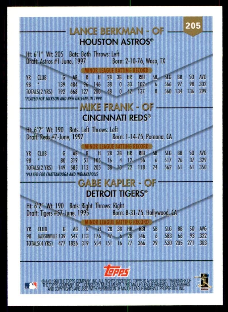 1999 Topps Baseball Card Lance Berkman/Mike Frank/Gabe Kapler A #205