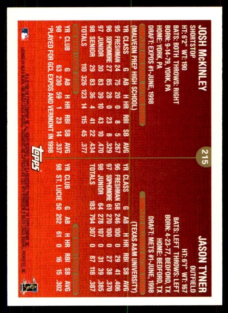 1999 Topps Baseball Card Jason Tyner/Josh McKinley A #215