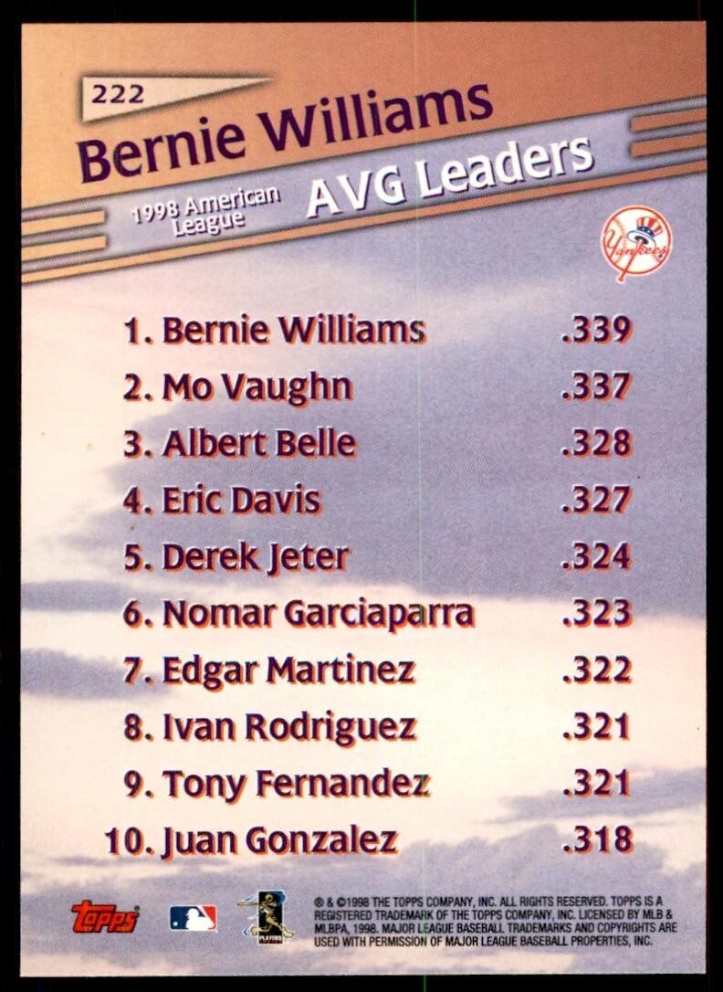 1999 Topps Baseball Card Bernie Williams A New York Yankees #222