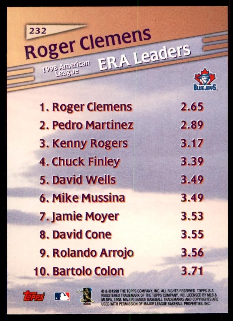 1999 Topps Baseball Card Roger Clemens B Toronto Blue Jays #232