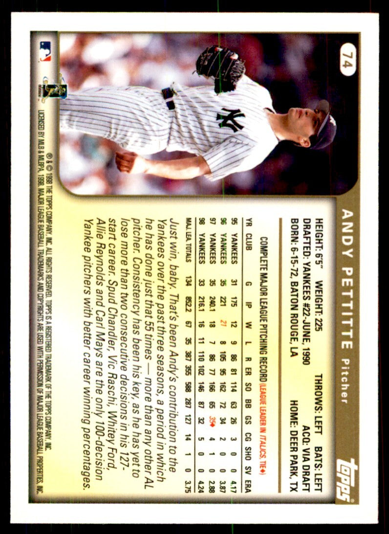 1999 Topps Baseball Card Andy Pettitte New York Yankees #74