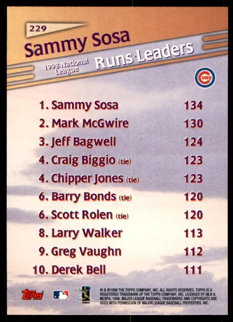 1999 Topps Baseball Card Sammy Sosa A Chicago Cubs #229
