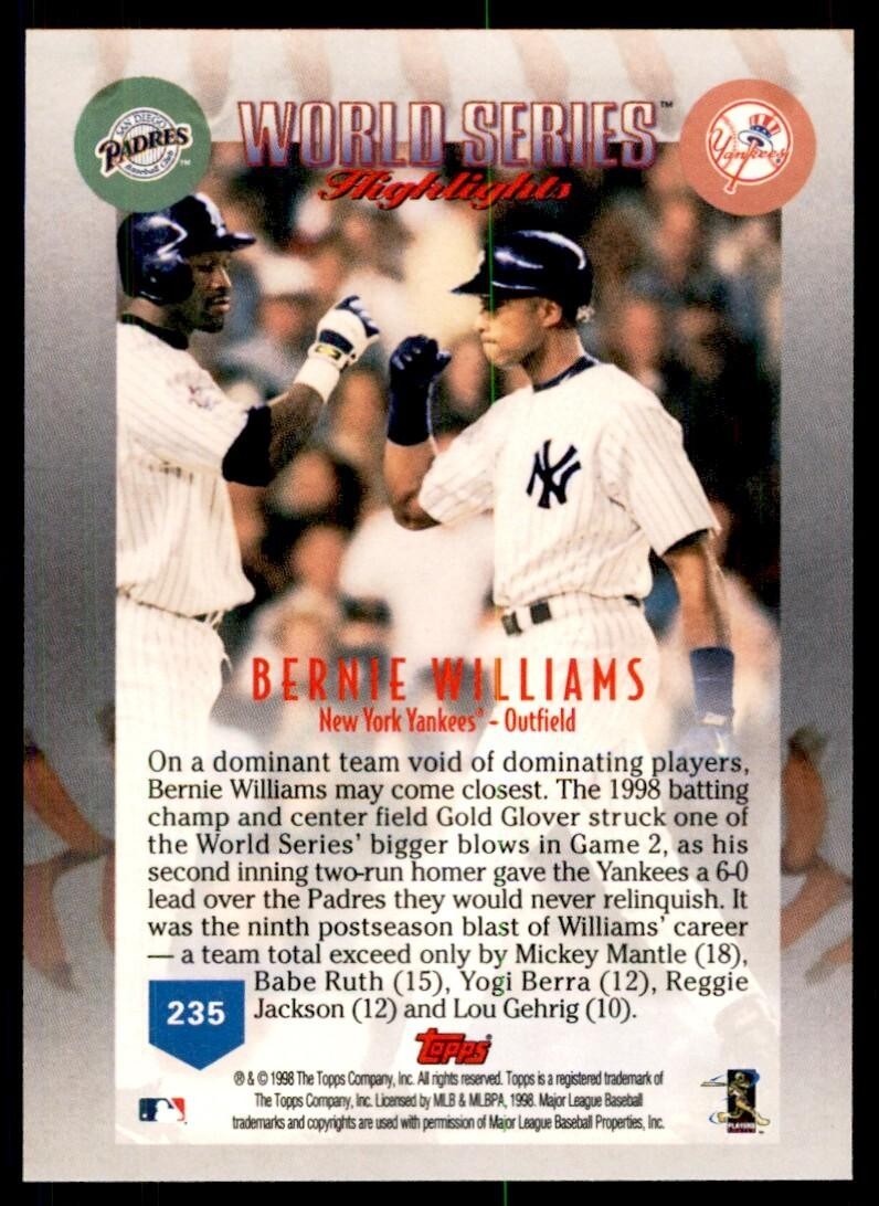 1999 Topps Baseball Card Bernie Williams AA New York Yankees #235