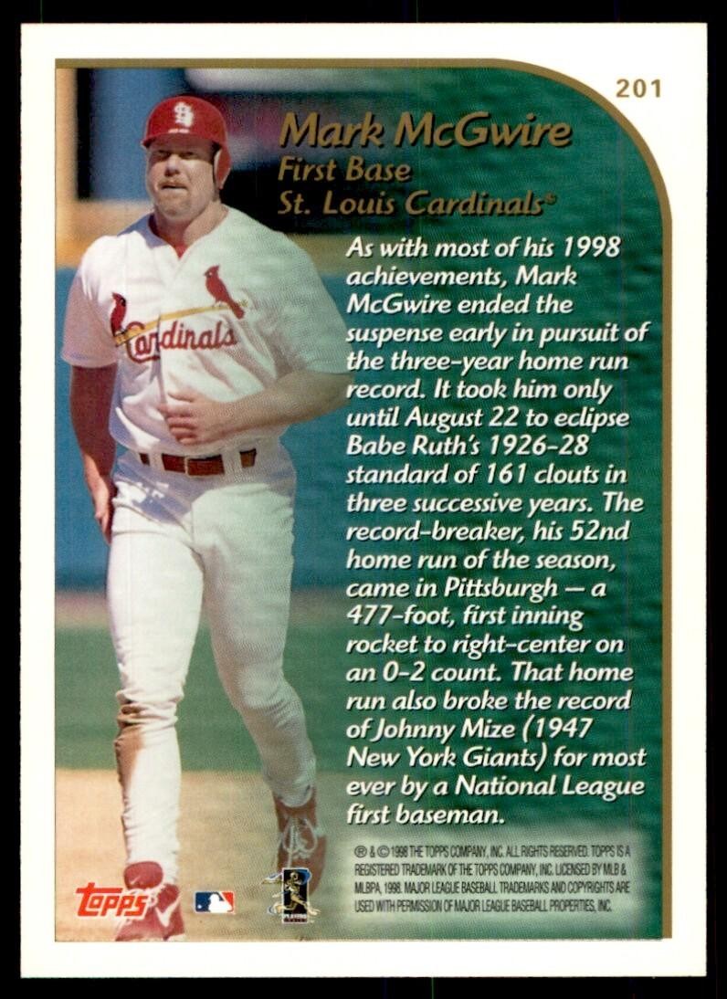 1999 Topps Baseball Card Mark McGwire AA St. Louis Cardinals #201