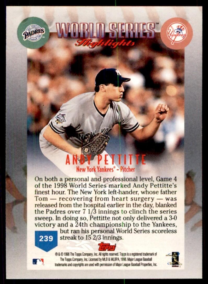 1999 Topps Baseball Card Andy Pettitte AA New York Yankees #239