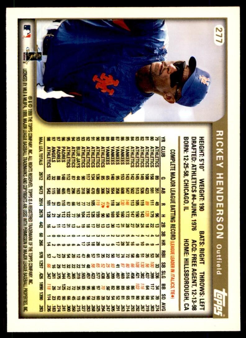 1999 Topps Baseball Card Rickey Henderson AA New York Mets #277