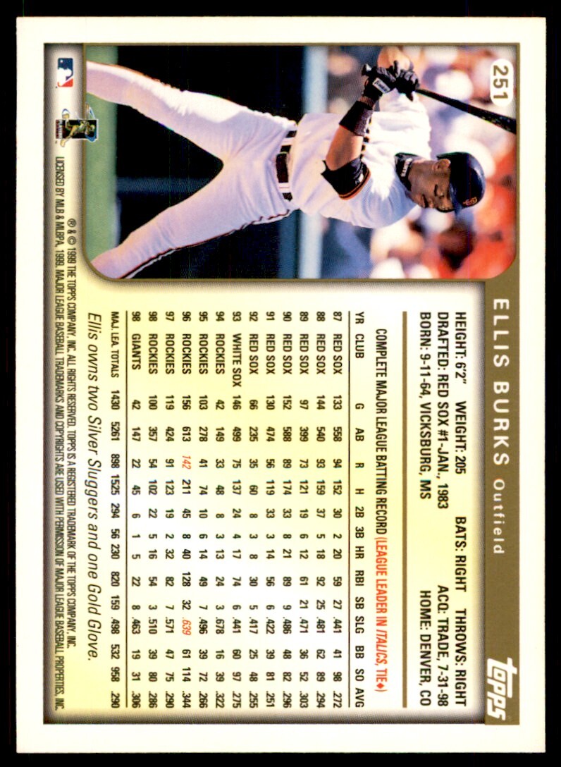 1999 Topps Baseball Card Ellis Burks San Francisco Giants #251