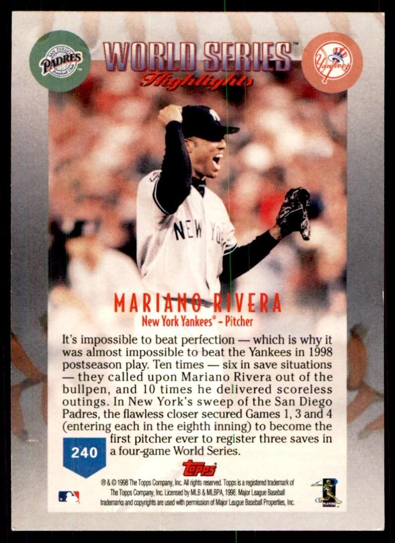 1999 Topps Baseball Card Mariano Rivera BB New York Yankees #240