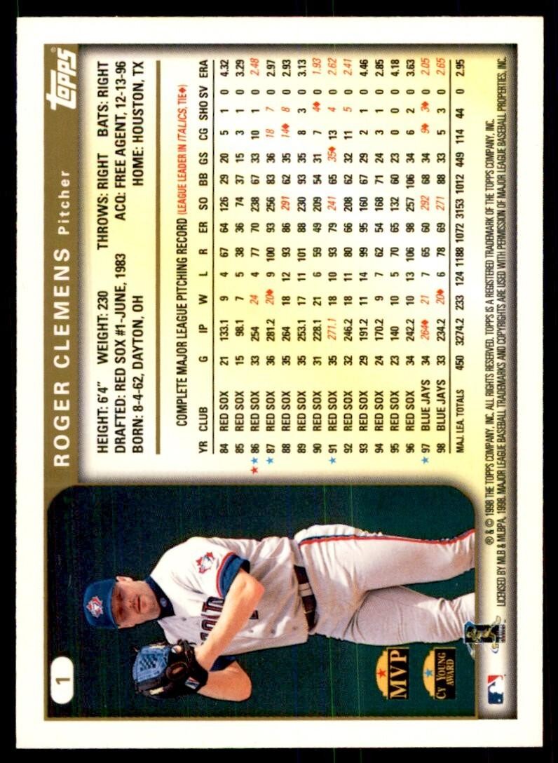 1999 Topps Baseball Card Roger Clemens Toronto Blue Jays #1