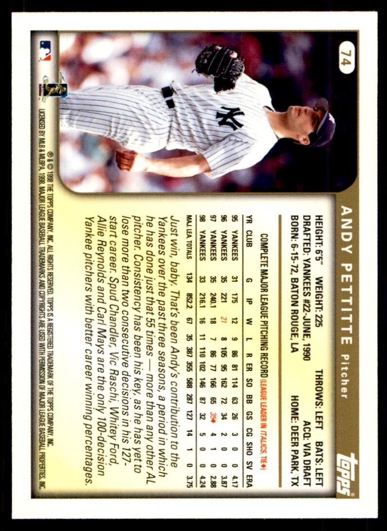 1999 Topps Baseball Card Andy Pettitte BB New York Yankees #74