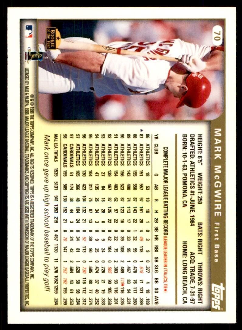 1999 Topps Baseball Card Mark McGwire DD St. Louis Cardinals #70