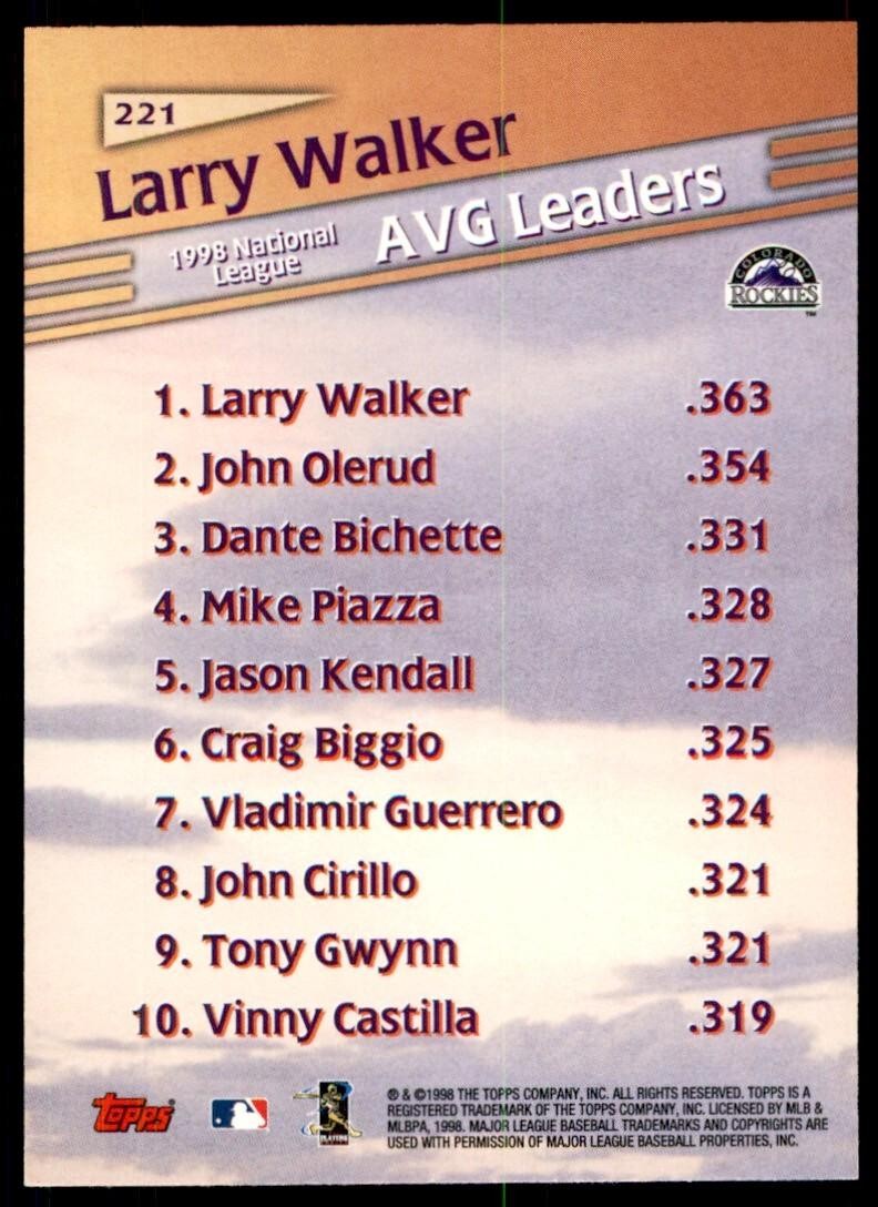 1999 Topps Baseball Card Larry Walker AA Colorado Rockies #221