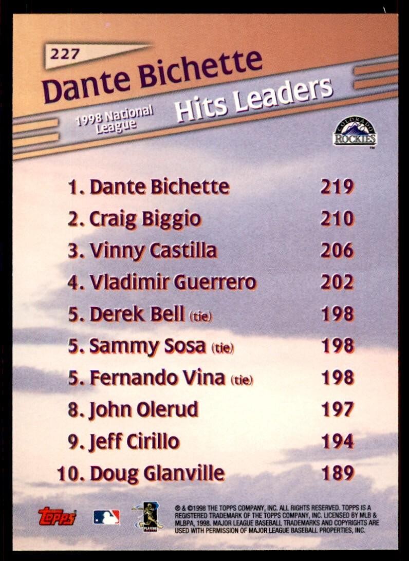 1999 Topps Baseball Card Dante Bichette O Colorado Rockies #227