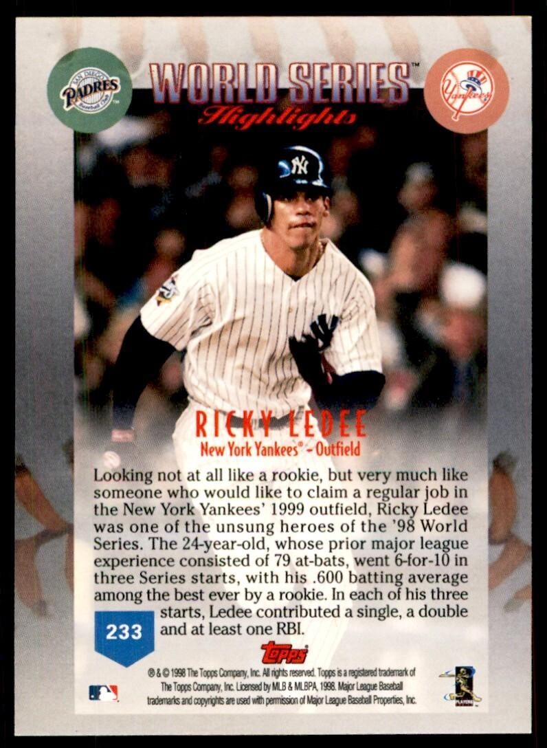 1999 Topps Baseball Card Ricky Ledee I New York Yankees #233