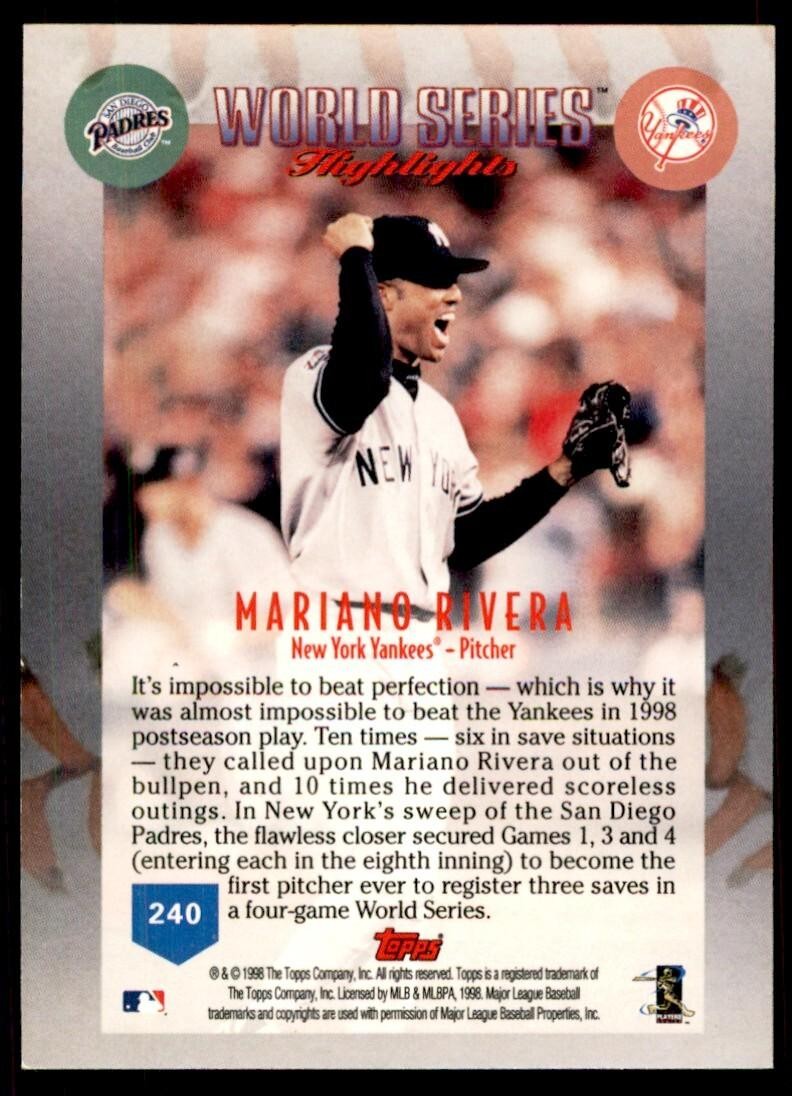 1999 Topps Baseball Card Mariano Rivera H New York Yankees #240