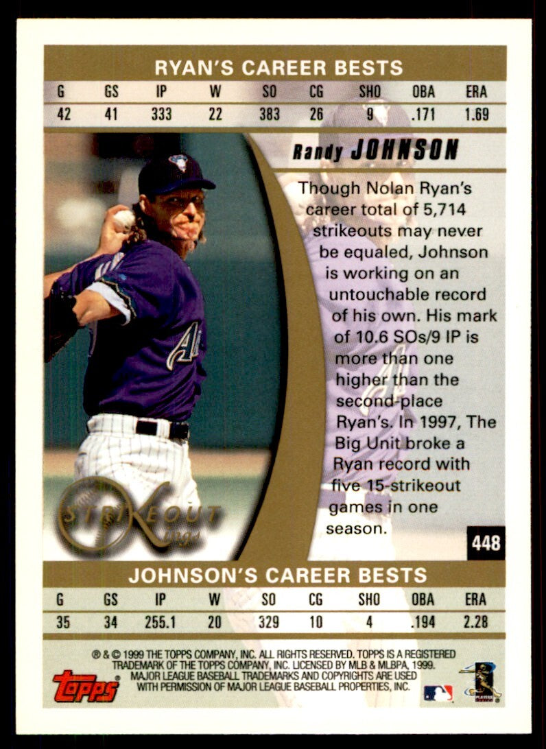 1999 Topps Baseball Card Randy Johnson Strikeout King Arizona Diamondbacks #448