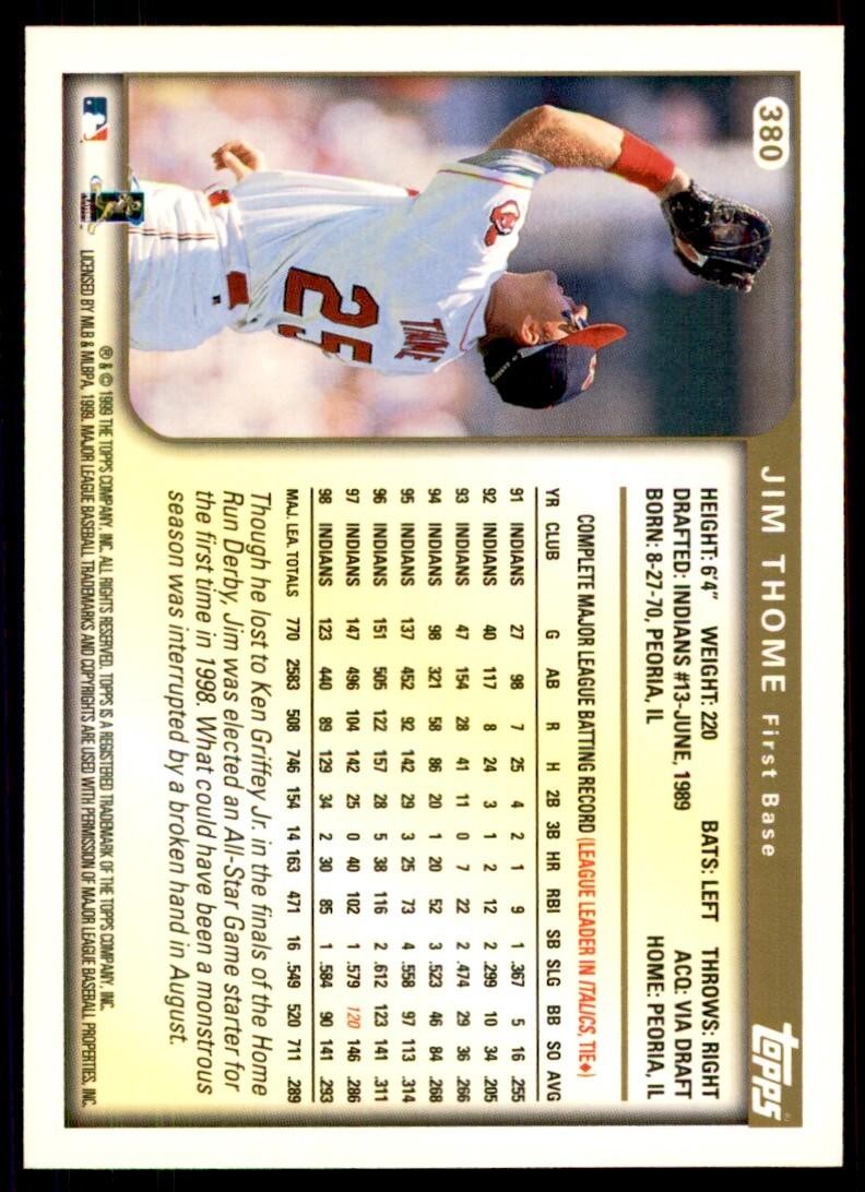 1999 Topps Baseball Card Jim Thome H Cleveland Indians #380