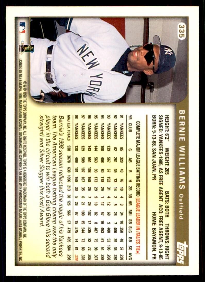 1999 Topps Baseball Card Bernie Williams H New York Yankees #335