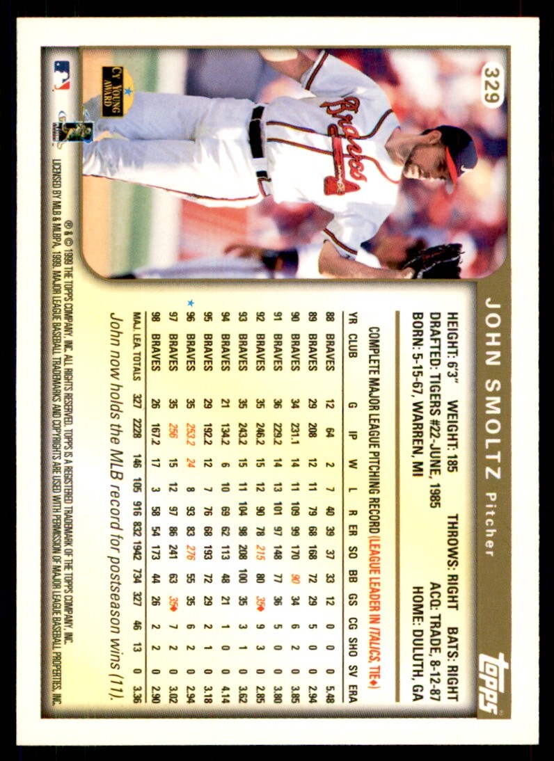 1999 Topps Baseball Card John Smoltz Atlanta Braves #329