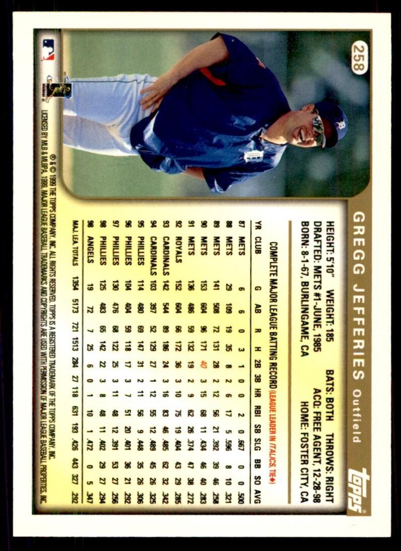 1999 Topps Baseball Card Gregg Jefferies H Detroit Tigers #258