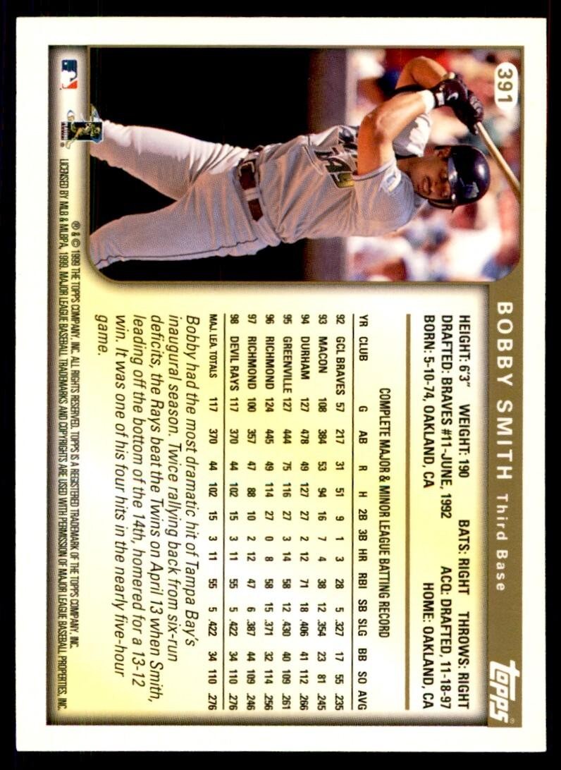 1999 Topps Baseball Card Bobby Smith Tampa Bay Devil Rays #391