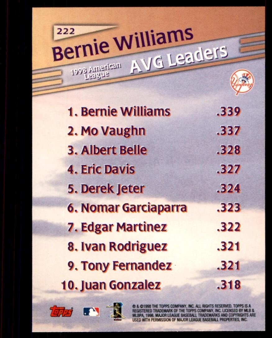 1999 Topps Baseball Card Bernie Williams J New York Yankees #222